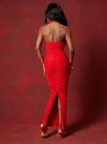 NYA SZN Dress Spring Sexy High Neck Ruched Maxi Dress Summer Festivals For Bridal, Wedding, Graduation, Dinner, Prom, Easter Special Occasion Sundress Formal Dresses For Women's - Red - View 2