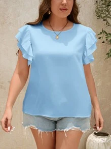 SHEIN Clasi Plus Size Dames Effen Kleur Ruffle Mouw Ronde Hals Casual Blouse