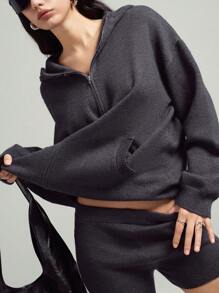 LYSMO Conjunto de Mujer de Chaqueta con Capucha de Manga Dolman con Cierre Delantero y Shorts de Punto de unicolor