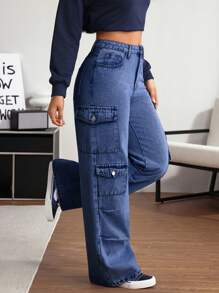 SHEIN Tall Women's Simple Front Button Pocket Jeans, Casual Everyday Wear