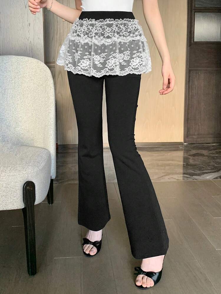 Sheer Lace Patchwork Flared Pants, Slim Fitted Leggings For Women, Suitable For Date Night