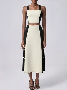 Chiquease Women Large Color Block Patchwork Tank Top And Mini Skirt 2 Pieces Sets, Spring/Summer - Black - View 4