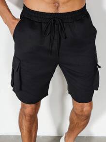 Manfinity Homme Plus Size Men's Solid Color Drawstring Waist Cargo Pocket Shorts - Black - View 1