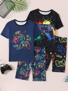 Teen Boy 4PCS Gaming Luminous Graffiti Print Snug Fit Round Neck Short Sleeve Top & Long Pants Pajama Set - Multicolor - View 4