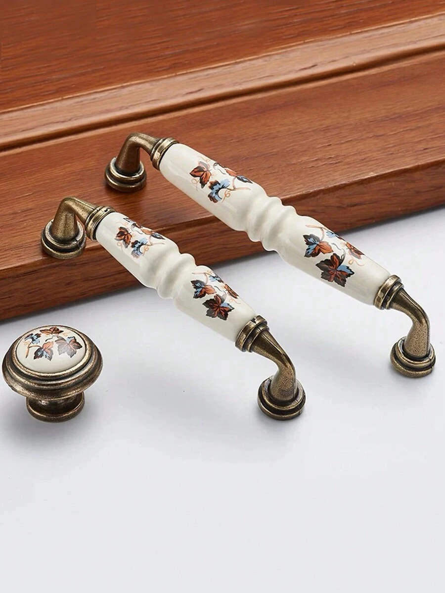 SHEIN 1 件复古乡村陶瓷抽屉、橱柜门把手、绿色/红色叶子橱柜拉手梳妆台厨房拉手，适用于家具复古乡村陶瓷抽屉、橱柜门家具把手