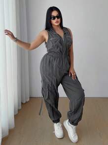 POPSWAY Plus Size Fashionable Sleeveless Grey Jumpsuit