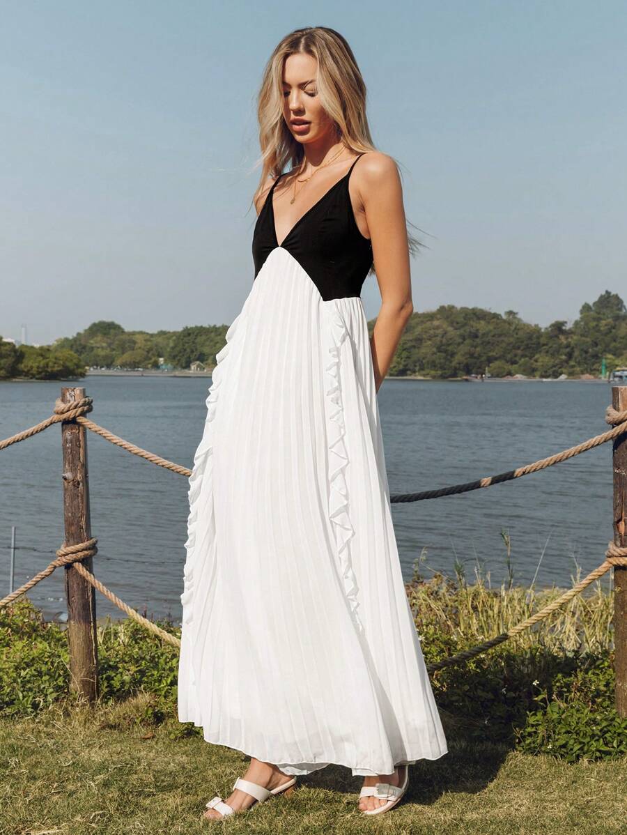 SHEIN LUNE Spring New Romantic Ruffles Black & White Splicing Pleated Slip Dress, Elegant French Style Office Lady / Airport/Vacation Long Dress For Women For Valentine's Day - White - View 1
