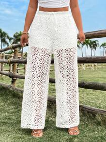 Breezaya Pantalon long blanc décontracté, ample et en dentelle crochetée pour femmes en surpoids. Convient pour les vacances et le port quotidien - Blanc - Voir 5