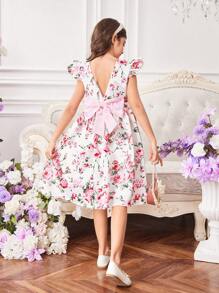 Wildeya Vestido sin espalda con manga de tapeta y escote en V con estampado floral para niña preadolescente elegante