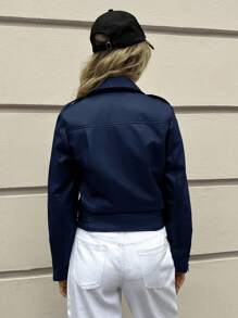 EURMUSE Fashionable Solid Color Belt Decorated Cropped Motorcycle Jacket - Navy Blue - View 2