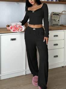 SHEIN 女士蕾丝边长袖上衣长裤睡衣套装，舒适优雅细节，秋冬服装 - 黑色 - 查看 5