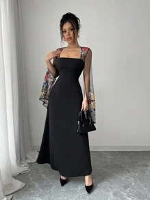 Rafferiza Elegantes französisches retroartiges Kleid für Damen mit Quadratausschnitt und A-Linie Taille, schlank geschnittenes Patchwork-Kleid mit bestickter Mesh-Verzierung
