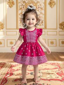 SHEIN Baby Girl Cute Floral Sleeve Round Neck Print Casual Dress, Fashionable Outdoor Summer - Hot Pink - View 4
