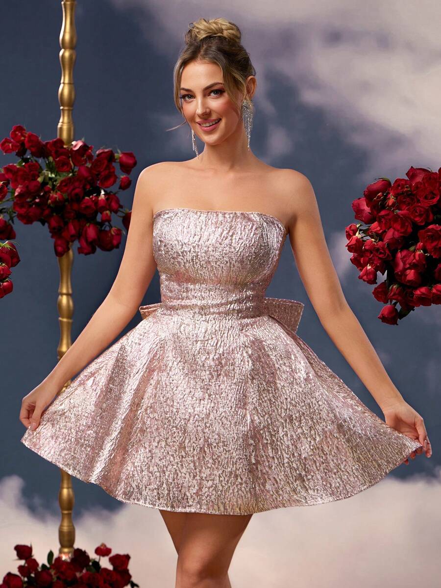 SHEIN Belle 优雅奢华提花缎面露肩露背可拆卸蝴蝶结 A 字裙，婚礼宾客礼服，适合返校节、婚礼、派对、度假、社交活动、派对礼服