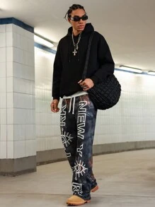 Manfinity Streetrush Manfinity Streetrush Men's Branch & Letter Print Drawstring Waist Casual Pants,Camo Pants