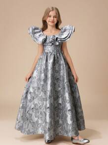 Vestido de niña preadolescente con mangas de volantes y hombros descubiertos, bordado, de alta gama, para boda, fiesta, ceremonia, cumpleaños, vestido de fiesta - Gris - Ver 1