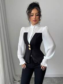 Almamuse 女士优雅荷叶边领子，撞色半透明雪纺拼接，灯笼褶皱袖口，大金属纽扣装饰长袖衬衫 - 黑色 - 查看 6