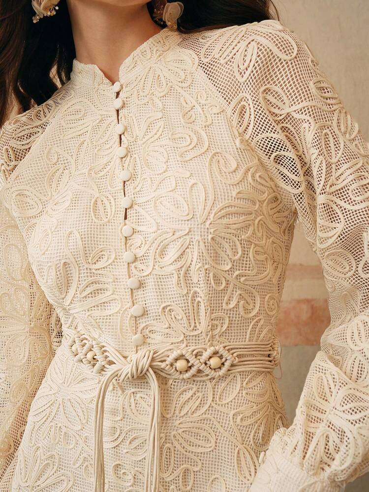 Women's Elegant French Style Waisted Long Sleeve Lace Vintage Dress With Belt, Spring Cream Dresses For Women Ivory Dresses For Women Lace Long Sleeve Dress Beige Dresses For Women