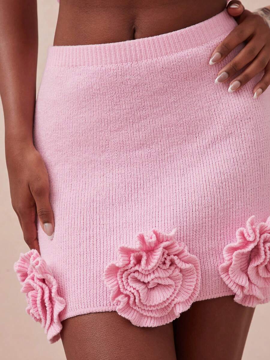 NYA SZN Knit Floral Detail Mini Skirt Summer S Bottoms Outifts For Women - Pink - View 1