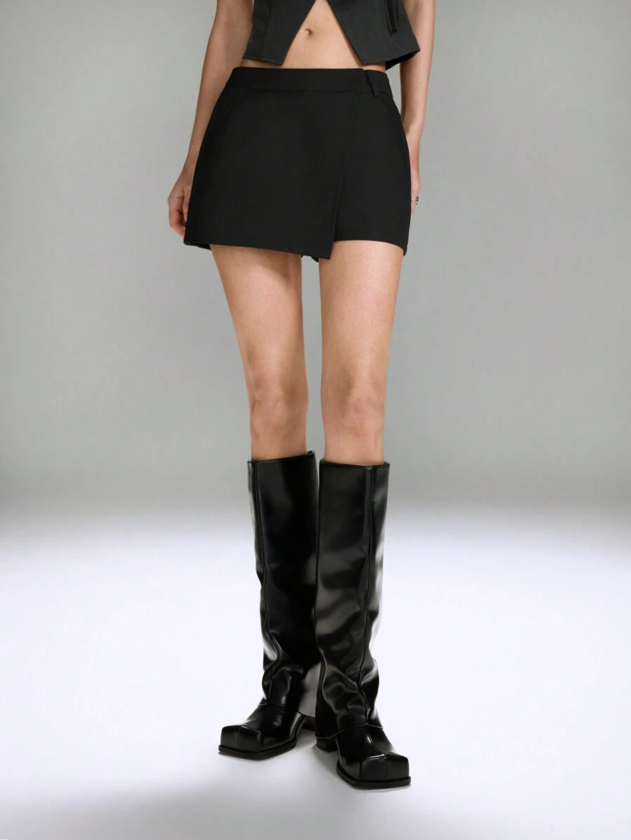 LYSMO تنورة قصيرة ملفوفة صيفية بلون أحادي متعدد الاستخدامات - الأسود - مشاهدة 1