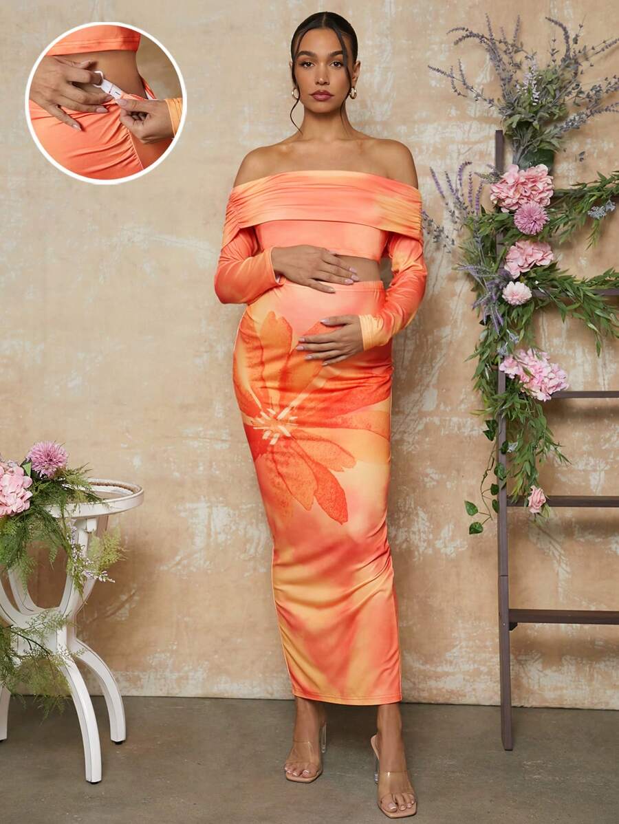 MaterniChic 1 件露肩上衣和 1 件可调节腰部扎染紧身裙孕妇两件套，秋季情人节 - 彩色 - 查看 1