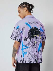 ROMWE MEN Anime 男士日本动漫人物印花短袖衬衫 - 彩色 - 查看 3