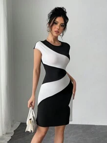 Chiquease Crew Neck Short Sleeve Color Block Black And White Dress For Women - Black and White - View 3