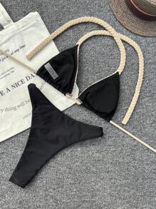 SHEIN X Sofía Suescun Swim Vcay Women's Solid Color Crochet Halter Tie-Up Regular Summer Bikini Set