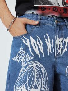 ROMWE MEN Anime 男式休闲牛仔短裤，带图形人物印花口袋 - 藍色 - 查看 4