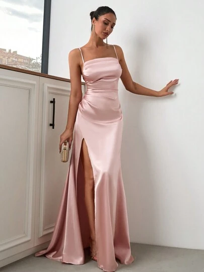 EURMUSE Pink Satin Extra Long Night Going Out Formal Dress