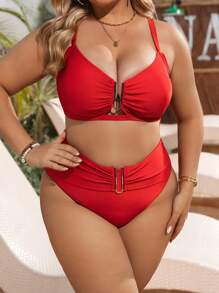 SHEIN Swim Curve Summer Plus Size 2 Pieces Red Swimwear Set For New Year Party - Red - View 1