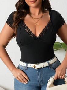 Celure Plus Size Sexy Solid Color Lace Trimmed Rhinestone Collar T-Shirt - Black - View 1
