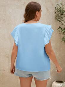 SHEIN Clasi Plus Size Dames Effen Kleur Ruffle Mouw Ronde Hals Casual Blouse
