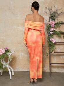 MaterniChic 1 件露肩上衣和 1 件可调节腰部扎染紧身裙孕妇两件套，秋季情人节 - 彩色 - 查看 2