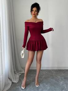 Elenzga Women's Solid Color Bud Waist Off Shoulder Elegant Dress - Burgundy - View 5