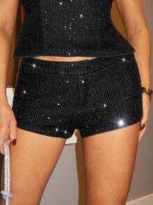 SHEIN BAE Pantalones cortos ajustados de mujer de unicolor con lentejuelas
