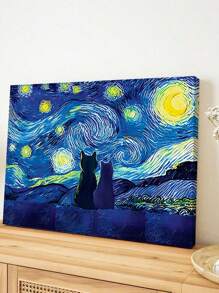 1 pieza Obra de arte de la Noche Estrellada, impresión en lienzo de obra de arte de gatos, póster de decoración de cielo nocturno, pintura de animales, pintura surrealista para decoración de habitación, estilo de Vincent Van Gogh, impresiones artísticas, decoración del hogar, pósteres, regalo ideal, para sala de estar, dormitorio, baño, cafetería