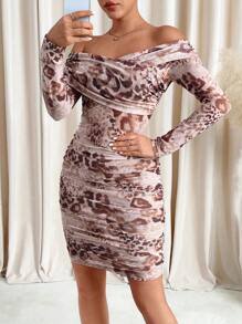 SHEIN Clasi Off-The-Shoulder Leopard Print Ruched Fitted Dress,Valentine's Day Dress
