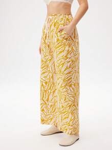 LUVLETTE 岛屿风格黄色柔软棉质基本款阔腿图案家居裤带口袋内衣裤可作为外套透气睡裤