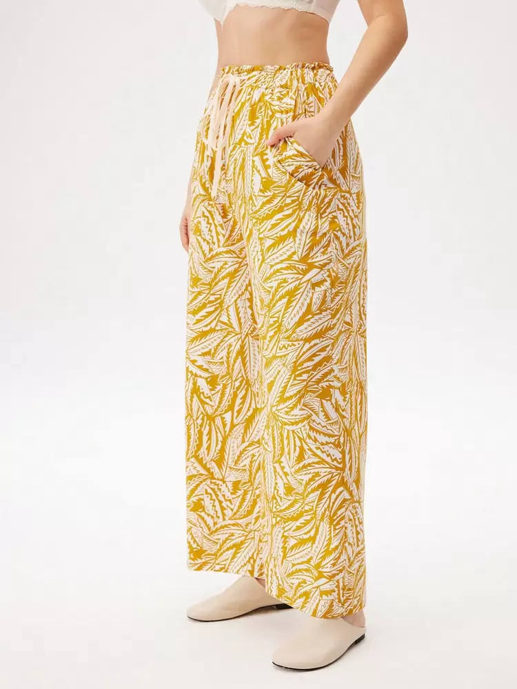 Letnie spodnie typu Lsland w żółtym, miękkim bawełnianym stylu, z szerokimi nogawkami, wzorzyste, do noszenia w domu, z kieszeniami, bielizna jako odzież wierzchnia, przewiewne spodnie piżamowe