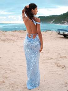 Opulessa 女士纯色亮片露背低胸长裙，适合度假，适合音乐节、派对、约会，女士柔和色调连衣裙