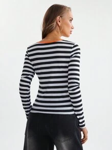 SHEIN LUNE 2024 Autumn Winter New Women Colorblock Striped Knit Top T-Shirt