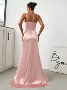 EURMUSE Pink Satin Extra Long Night Going Out Formal Dress - Rusty Rose - View 2