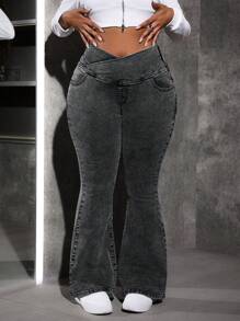 SHEIN EZwear 大码弹力牛仔喇叭牛仔裤，休闲高腰蓝色