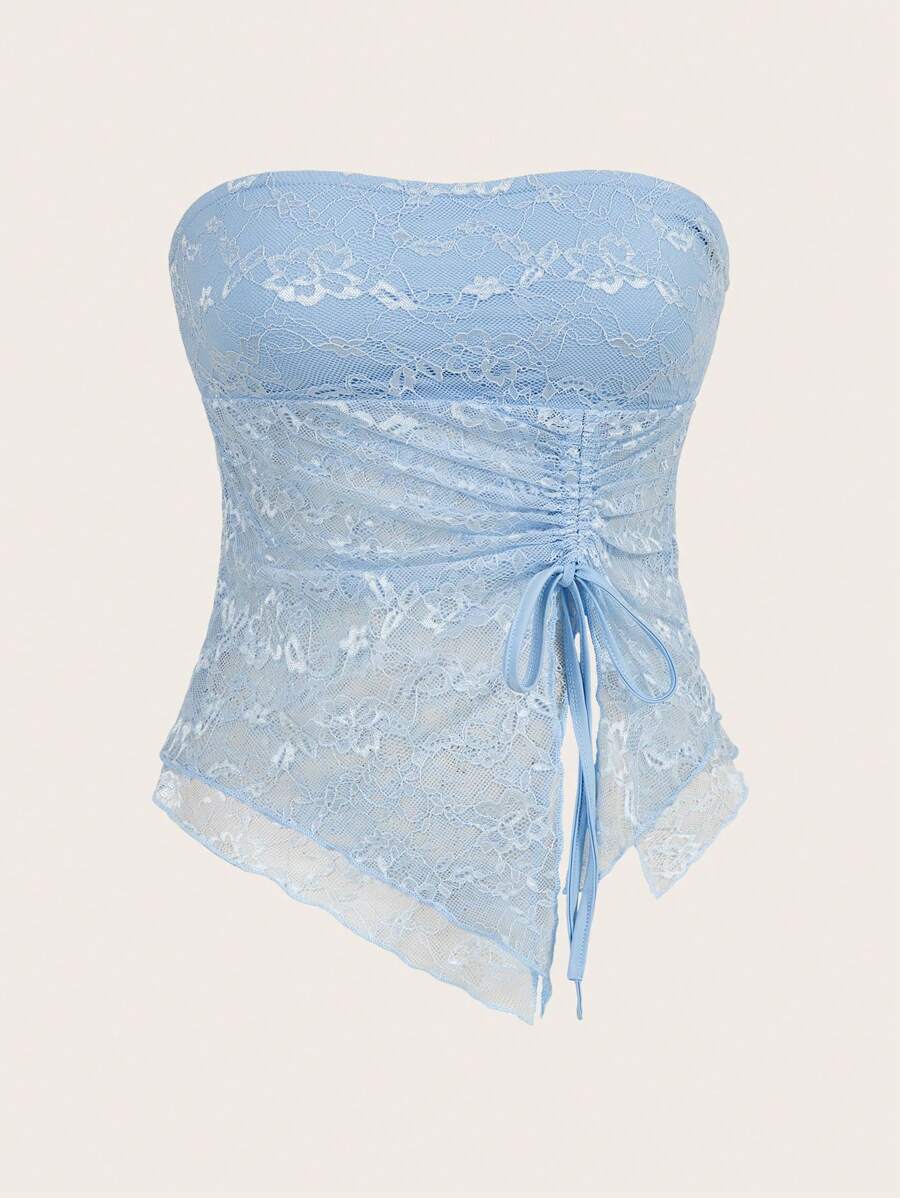 Sweetina Lace Patchwork Drawstring Asymmetrical Hem Cropped Camisole Top - Baby Blue - View 1