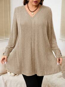 EMERY ROSE Maglietta casual a maniche lunghe con scollo a V in tinta unita e costine, taglia curvy per donna