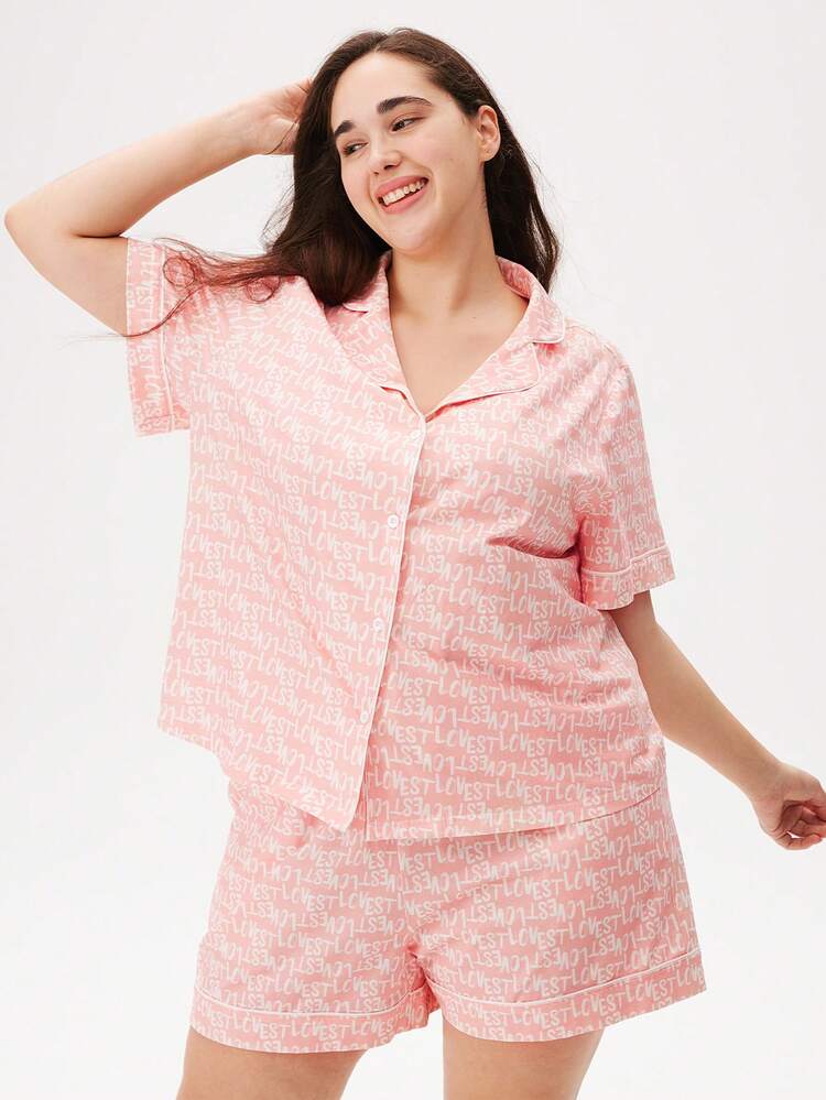 Conjunto de pijama holgado para mujer con top de botones de manga corta y pantalones cortos de algodón suave con estampado en color rosa, con bolsillos. Lencería de novia y ropa interior
