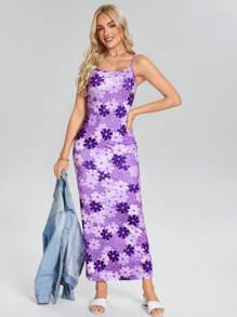 Wildy Elegante paarse bloemenprint mouwloze jurk voor dames, zomer