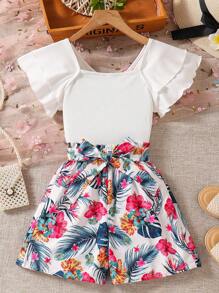 Tween Girls Solid Ruffle Short Sleeve Top And Tropical Print Shorts 2 Pieces Set - White - View 1