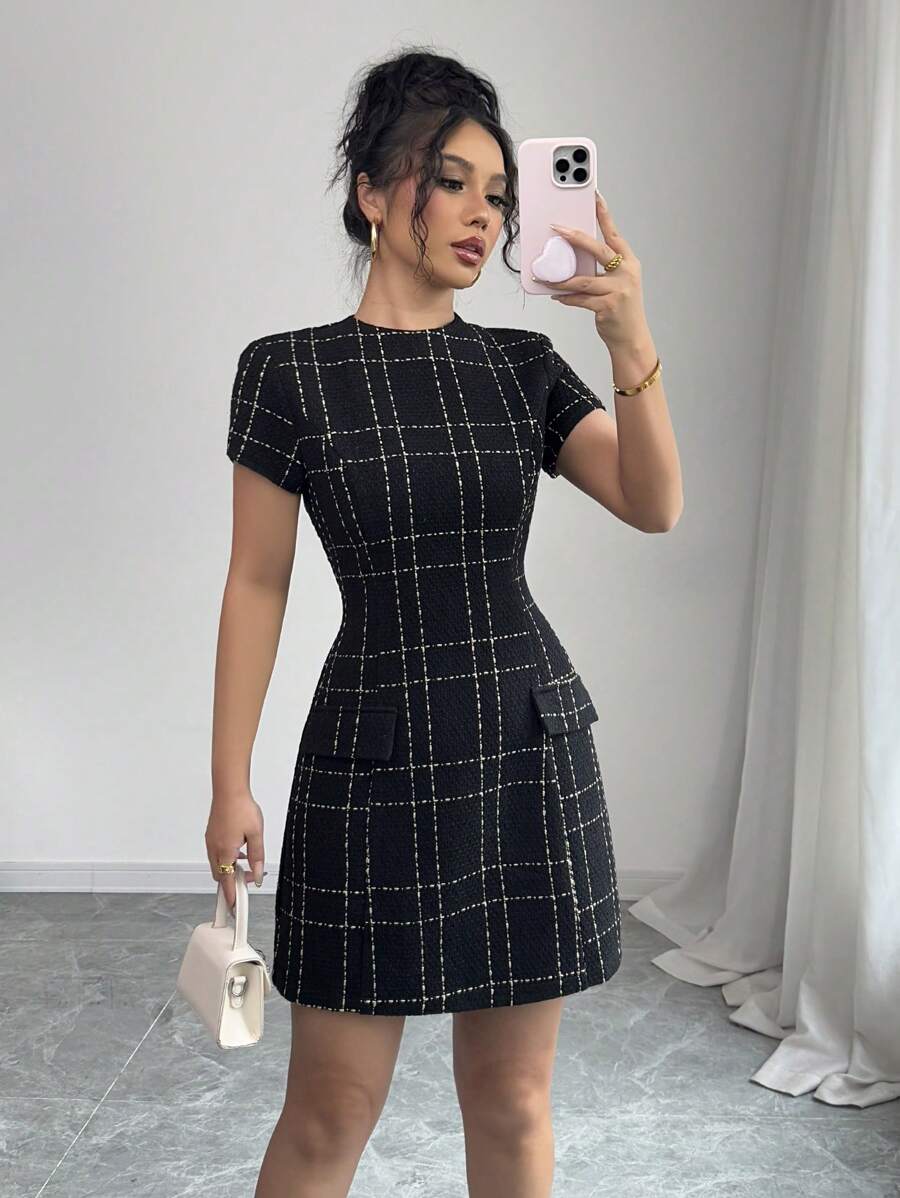 Elenzga Đầm ôm body mini kẻ caro vải tuýt kiểu Pháp thanh lịch dành cho nữ - màu đen - Xem 1